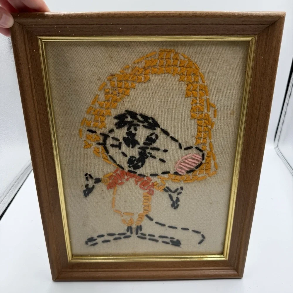 Vintage Crewel Work Needlepoint Hand Made Wall Art Framed Colorful Mouse 14x11